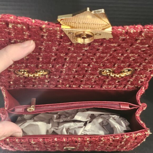 Small Red Burgundy Gold Black Square Tweed Fabric Messenger Crossbody Bag - Picture 2 of 10